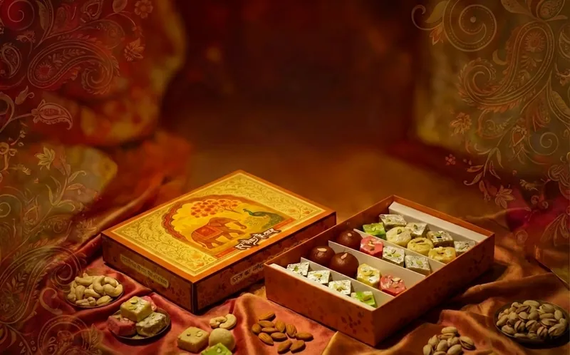 Pitaara Indian art sweet boxes displayed with assorted mithai in compartment trays